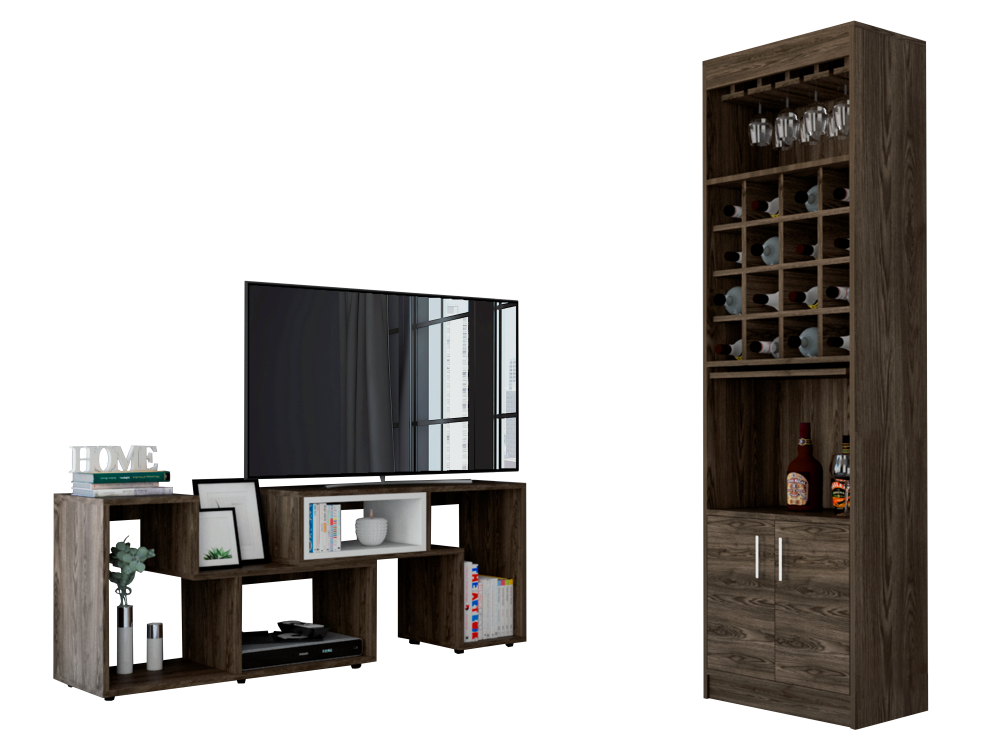 Bar Kava + Rack Extensible Beijing Color Coñac y Blanco Para Sala De Estar